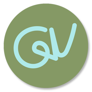 Monogram style sticker in bright blue inside a military green circle